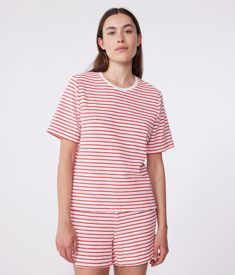 Pigiama corto donna in cotone a righe bianco/rosso