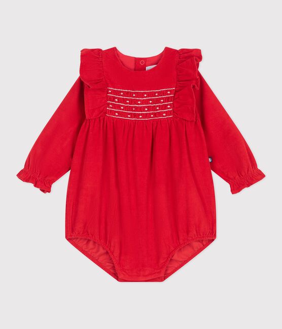 Tutina corta in ciniglia con smock e volant neonata rosso TERKUIT