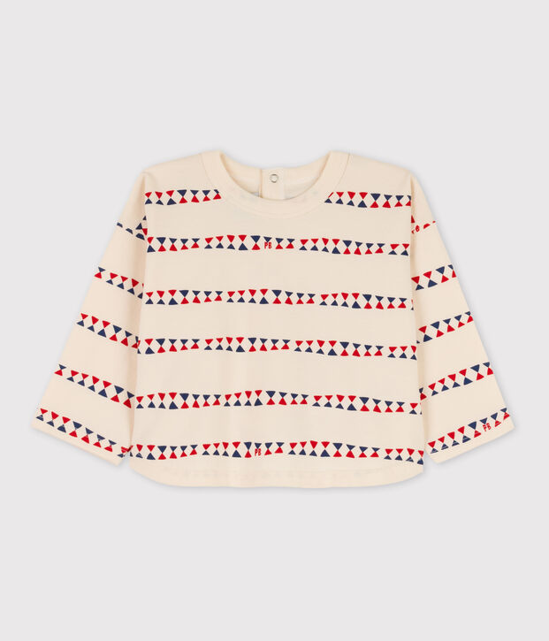 T-shirt maniche lunghe beb&egrave; stampata in cotone ecru/multicolore