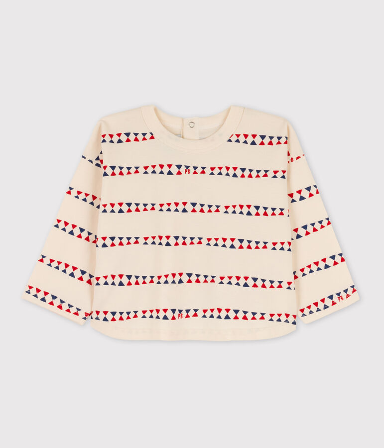 T-shirt maniche lunghe beb&egrave; stampata in cotone ecru/multicolore