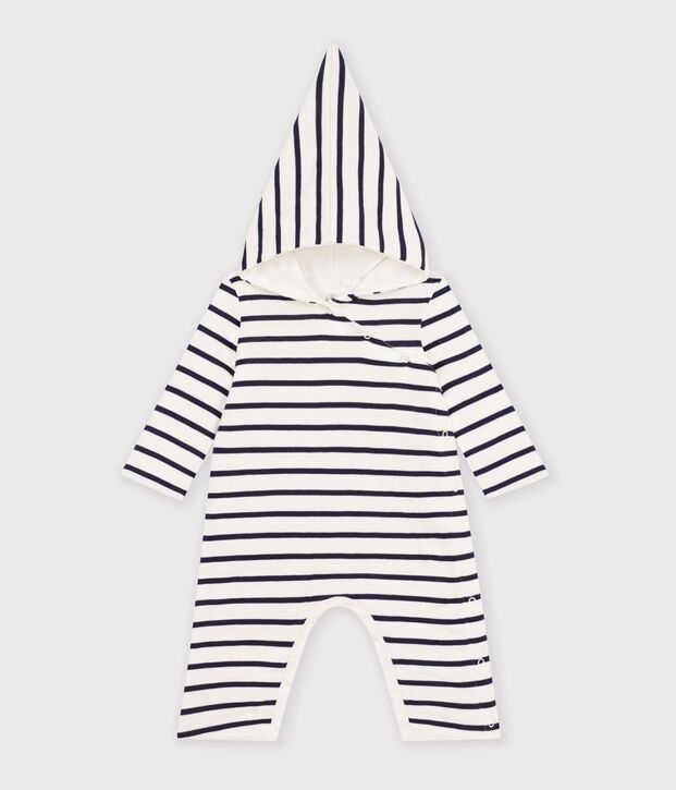 Tutina beb&eacute; con cappuccio a righe bianco/blu