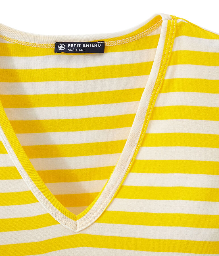 T-shirt donna scollo V in costina originale 1x1 rigata giallo SHINE/bianco MARSHMALLOW