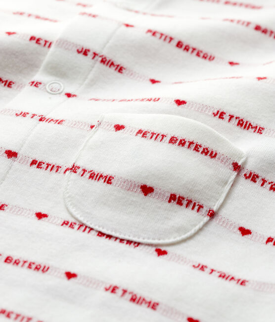 Tuta corta "Petit Bateau Je t'aime" in jacquard di cotone biologico bianco MARSHMALLOW/rosso PEPS