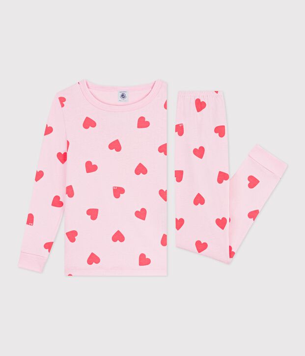 Pigiama molto aderente in cotone con stampa a cuori bambina rosa/arancione