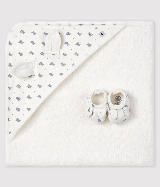 Cofanetto telo da bagno quadrato e babbucce neonato in spugna e cotone biologico bianco MARSHMALLOW/grigio GRIS/ MULTICO