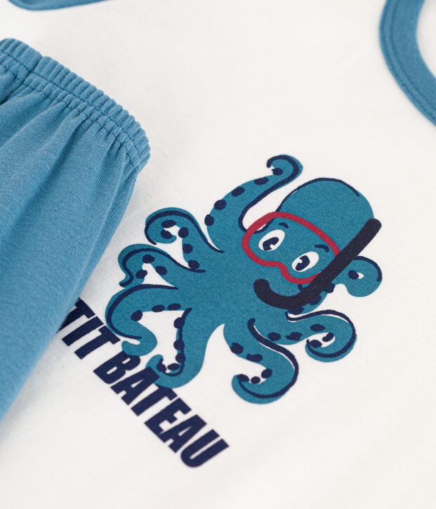 Pigiama corto in cotone con fantasia polpo per bimbi, unisex blu/bianco