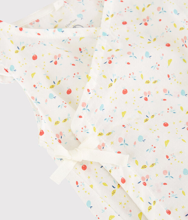 Tuta corta a fiori beb&egrave; femmina ordito e trama in cotone biologico bianco/multicolore