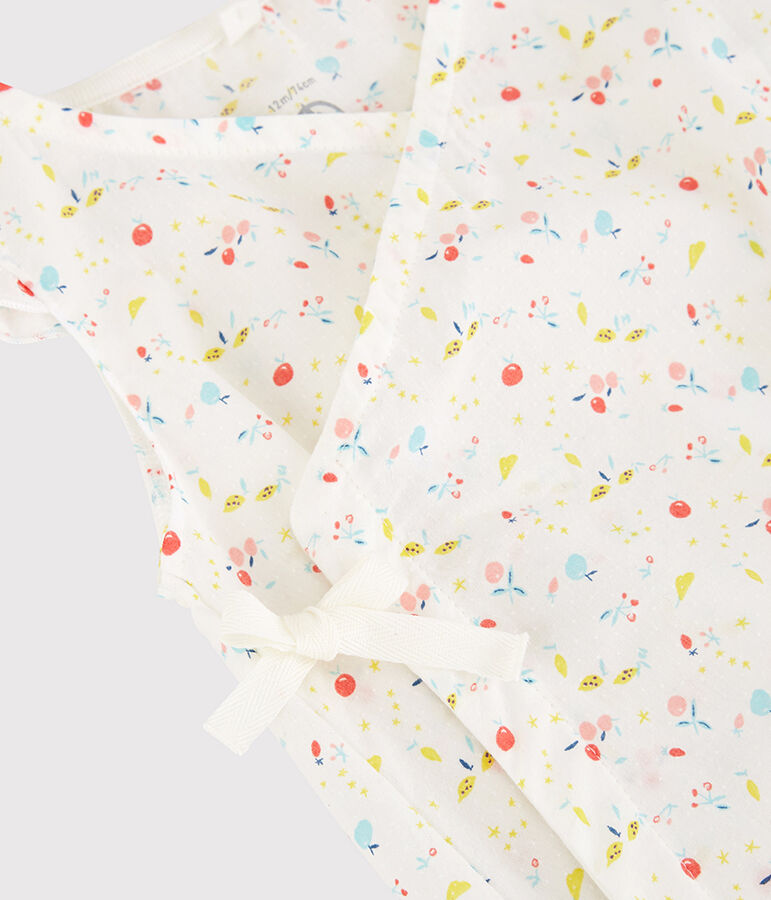 Tuta corta a fiori beb&egrave; femmina ordito e trama in cotone biologico bianco MARSHMALLOW/bianco MULTICO