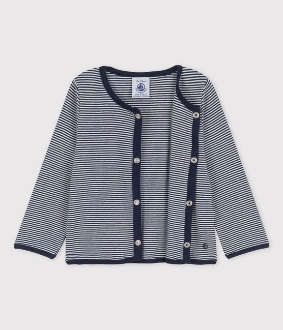 Cardigan bebè millerighe in cotone biologico blu SMOKING/bianco MARSHMALLOW