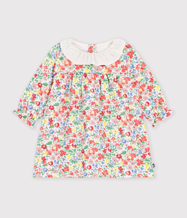 Abito a maniche lunghe in cotone con stampa a fiori neonata bianco/multicolore