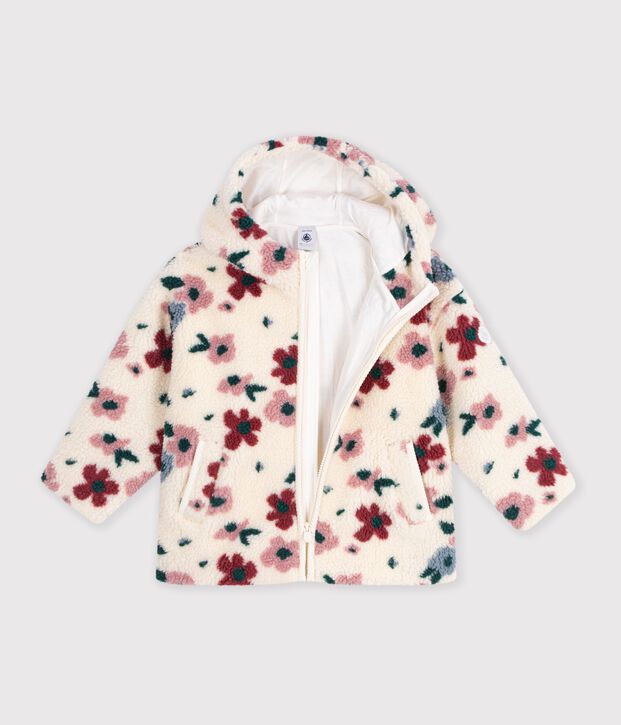 Giacca con cappuccio in sherpa a fiori bambina ecru/multicolore