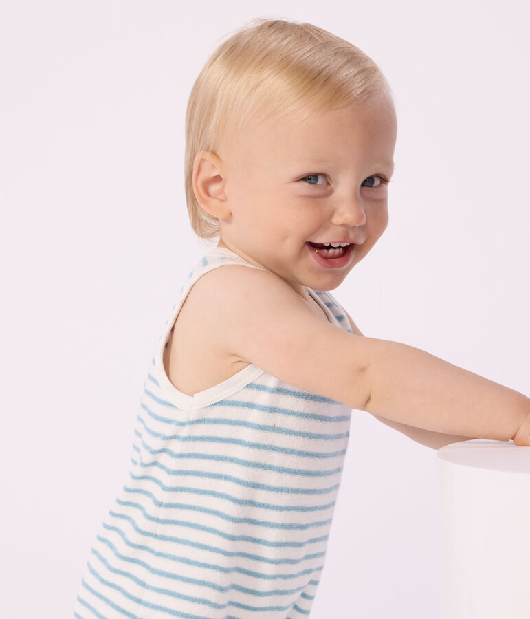 Tutina corta senza maniche in spugna di cotone boucl&eacute; a righe neonato MARSHMALLOW/ MIMI