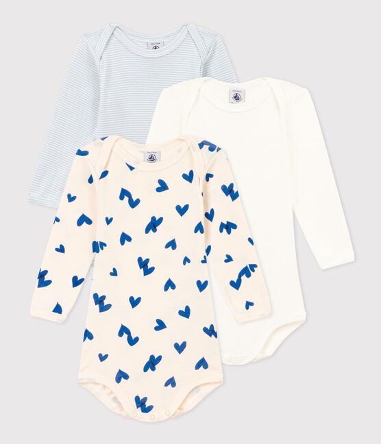Confezione da 3 body bebè a maniche lunghe a cuori blu in cotone variante 1