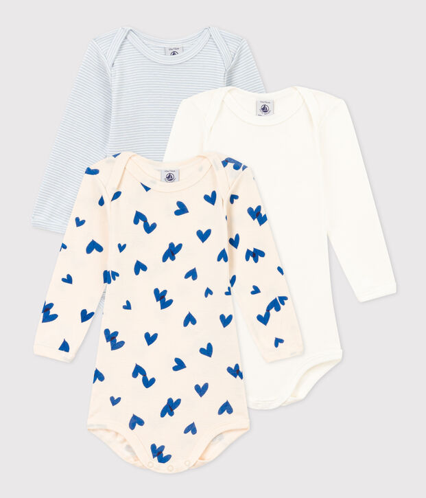 Confezione da 3 body beb&egrave; a maniche lunghe a cuori blu in cotone multicolore