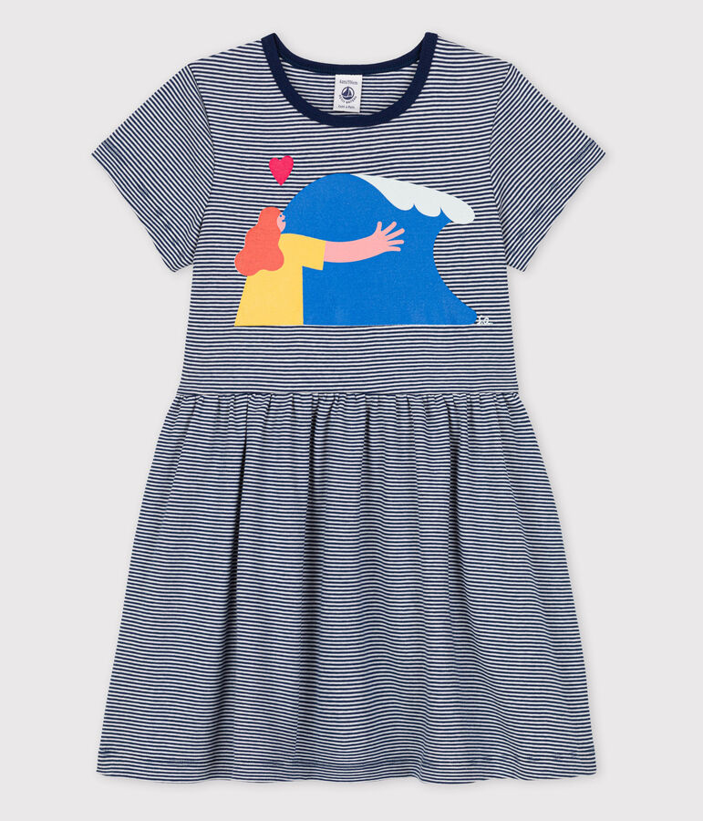 Abito bambina Petit Bateau x Water Family blu MEDIEVAL/bianco MARSHMALLOW