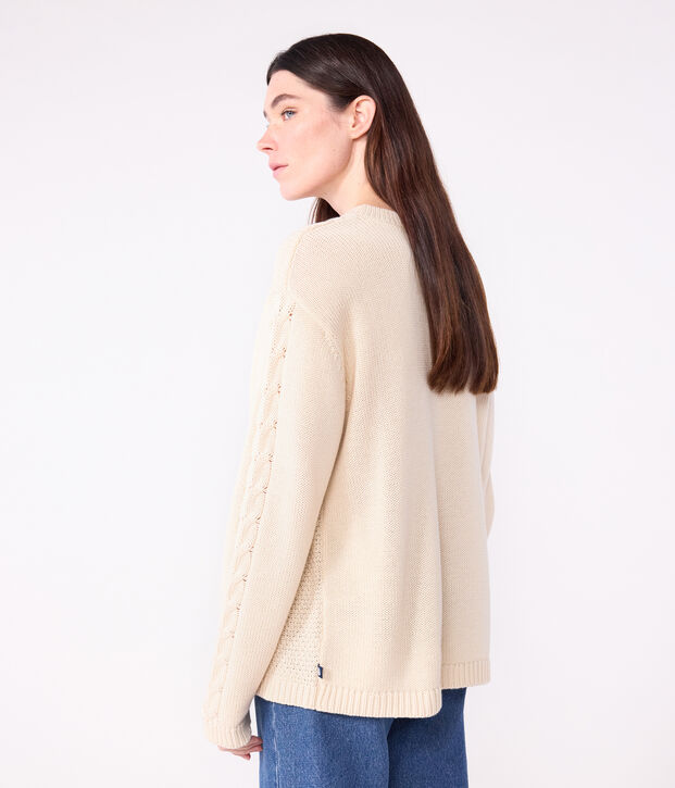 Maglione in misto lana e cotone tinta unita a trecce donna ecru