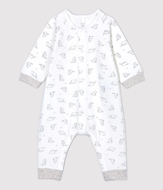 Tutina lunga fantasia marmotte bebè in cotone biologico bianco MARSHMALLOW/grigio GRIS