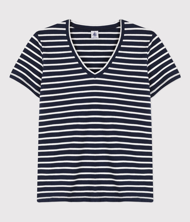 T-shirt LE CLASSIQUE con scollo a V in cotone Donna blu/bianco