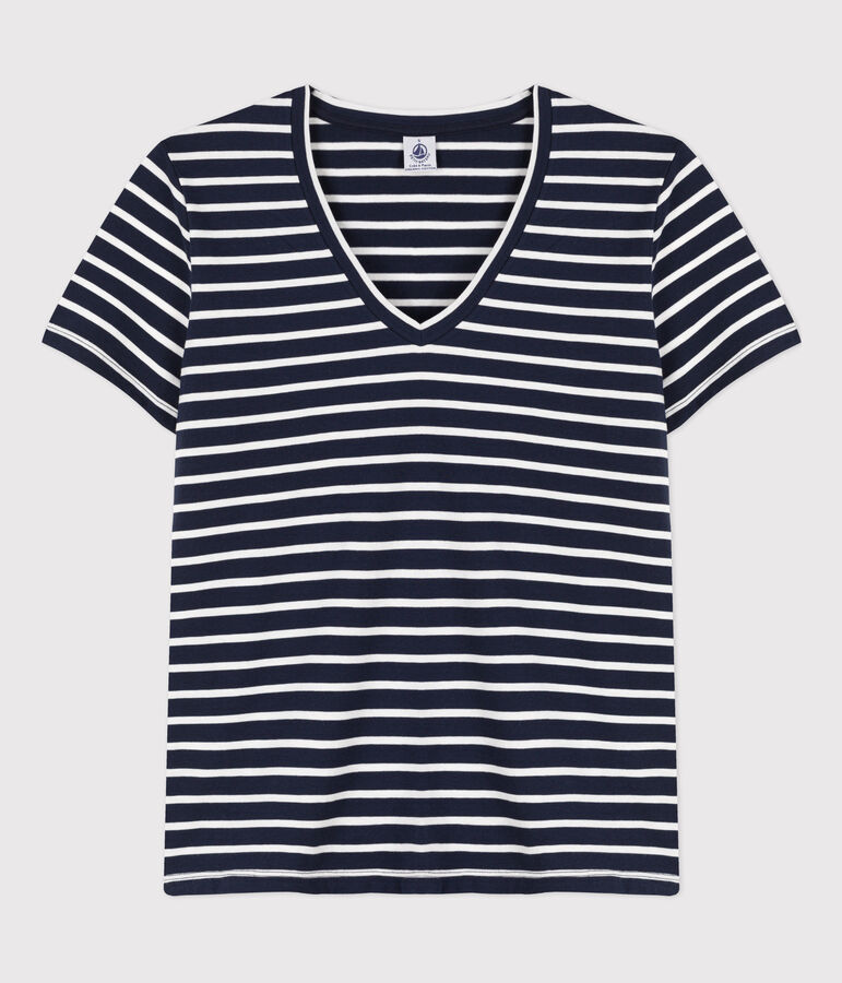 T-shirt LE CLASSIQUE con scollo a V in cotone Donna blu/bianco