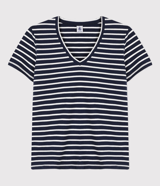 T-shirt LE CLASSIQUE con scollo a V in cotone Donna blu SMOKING/bianco MARSHMALLOW