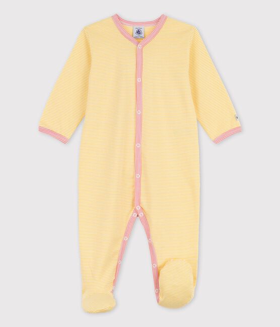 Tutina pigiama bebè a righe in cotone biologico giallo ORGE/bianco MARSHMALLOW