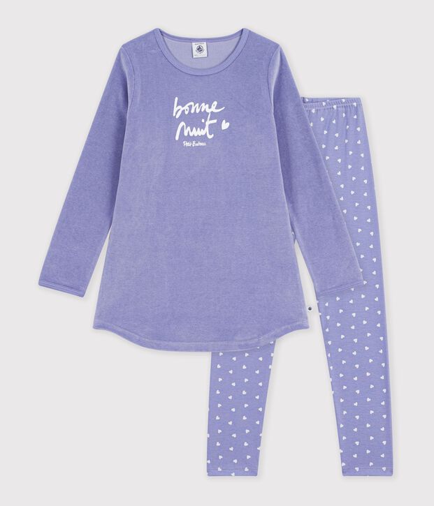 Camicia da notte e leggings bambina in ciniglia viola/bianco
