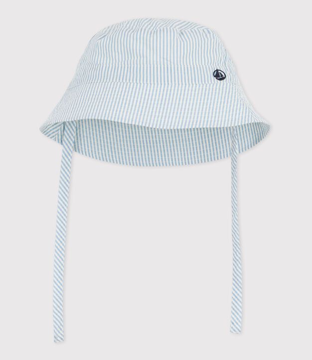 Cappellino in seersucker con laccetti da annodare neonato blu/bianco