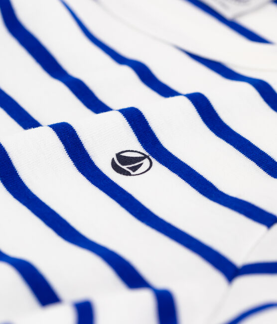 Pigiama corto bambino a righe in cotone bianco MARSHMALLOW/blu SURF