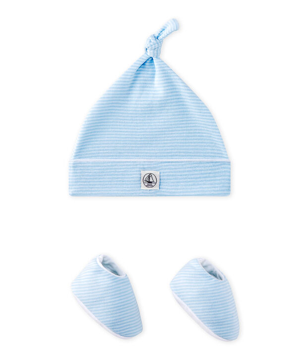 Coordinato cappellino nascita + scarpine beb&eacute; blu/bianco