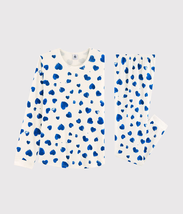 Pigiama ragazza fantasia cuori a costine bianco/blu