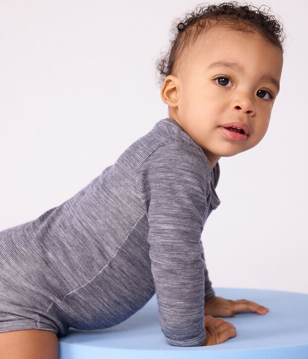 Body maniche lunghe in lana e cotone neonato blu/bianco