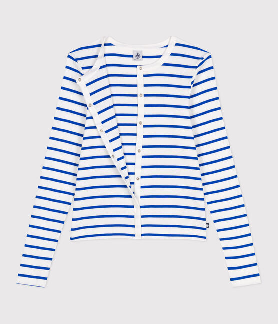 Cardigan in cotone tinta unita donna bianco MARSHMALLOW/blu PERSE
