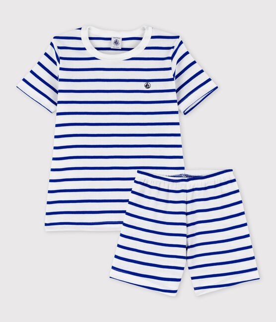 Pigiama corto bambino a righe in cotone bianco MARSHMALLOW/blu SURF