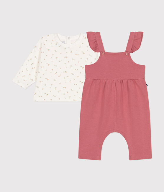 Set composto da salopette in tessuto felpato e T-shirt in cotone neonato rosa ROSEWOOD/ MULTICO