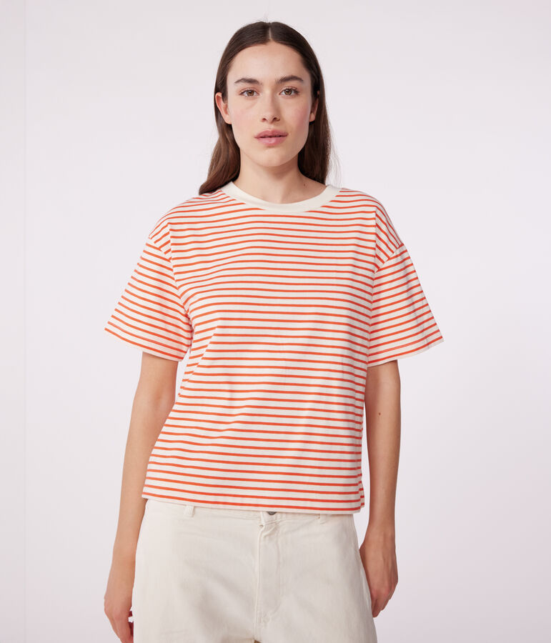 T-shirt Le Boxy in cotone a righe donna ecru/rosso