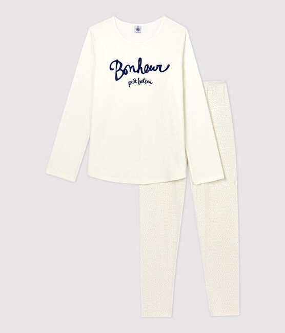 Pigiama ragazza a pois in cotone biologico bianco MARSHMALLOW/blu MEDIEVAL