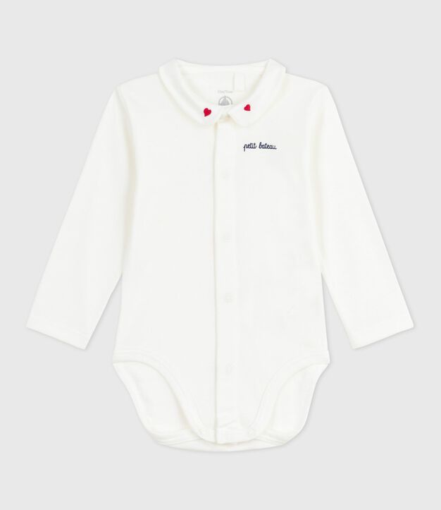 Body per neonato in cotone tinta unita con colletto ricamato bianco/rosso