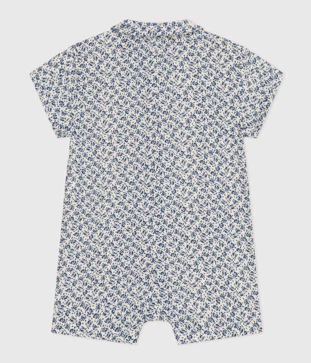 Tutina corta beb&egrave; in garza di cotone ecru/blu