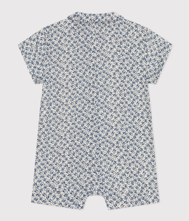 Tutina corta beb&egrave; in garza di cotone ecru/blu