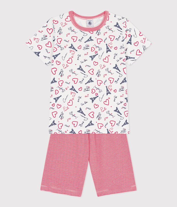 Pigiama con shorts lunghi in cotone con stampa Parigi bambino bianco/multicolore