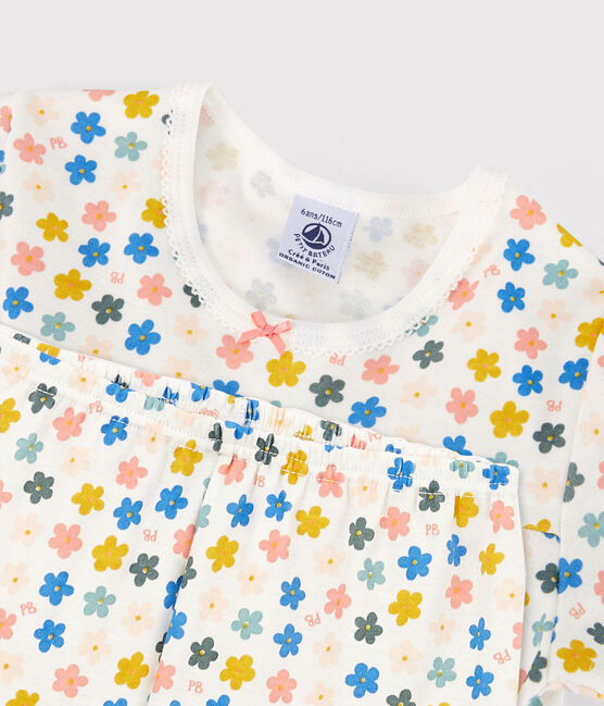 Pigiama corto a fiori fosforescenti bambina in cotone bianco MARSHMALLOW/bianco MULTICO