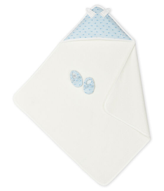 Cofanetto asciugamano quadrato da bagno e babbucce bebè in spugna e a costine blu FRAICHEUR/bianco MULTICO