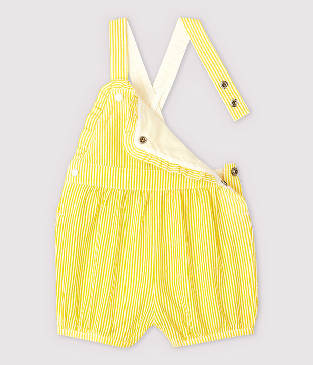 Salopette corta in seersucker a righe beb&egrave; femmina giallo/bianco
