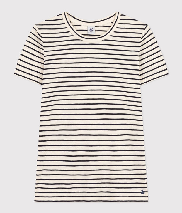 T-shirt REGULAR girocollo in cotone rigato donna ecru/blu
