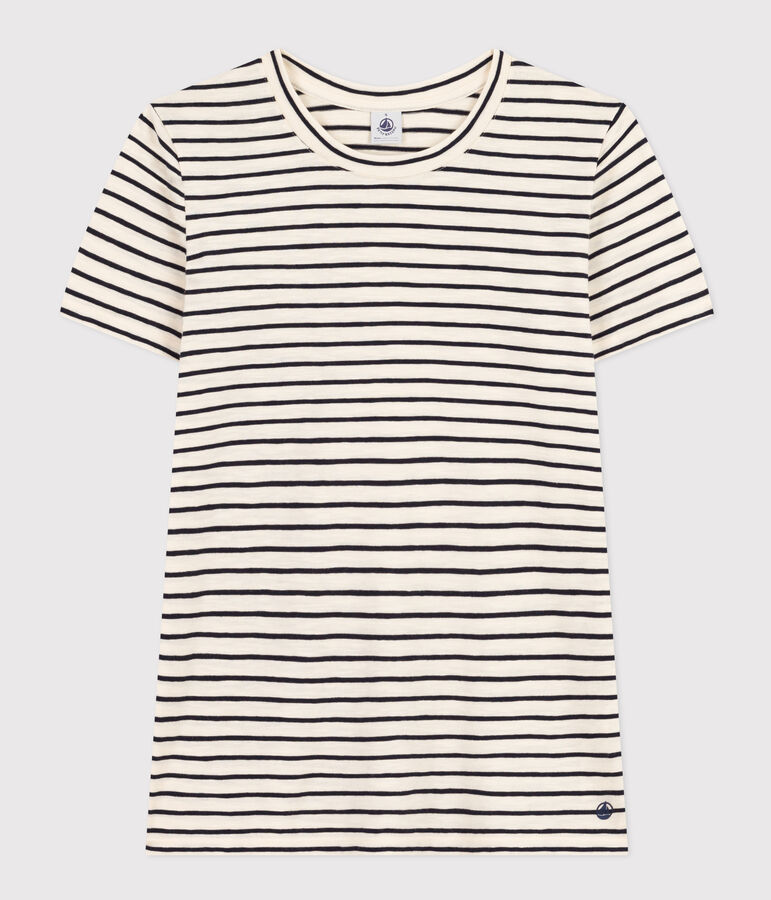 T-shirt REGULAR girocollo in cotone rigato donna ecru/blu