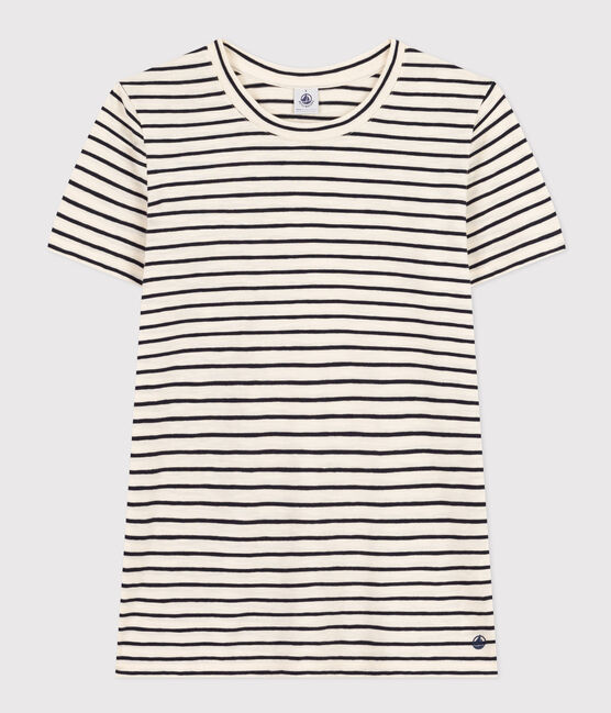 T-shirt REGULAR girocollo in cotone rigato donna bianco AVALANCHE/blu SMOKING