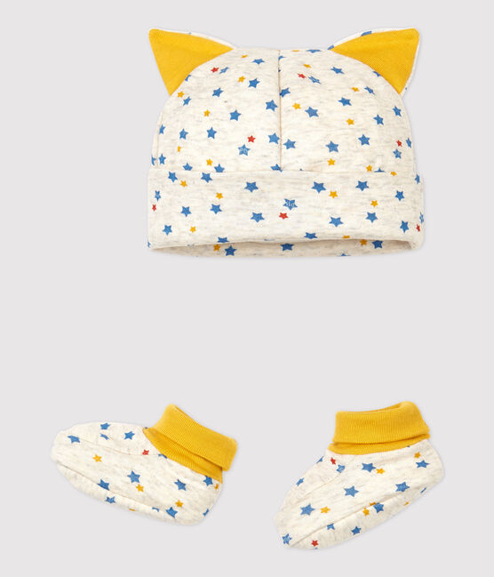 Confezione cappellino nascita e babbucce bebè maschio in lana e cotone biologico beige MONTELIMAR/bianco MULTICO