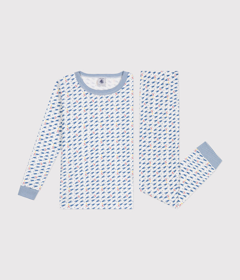 Pigiama aderente in cotone stampato con motivo a razzi bambino bianco MARSHMALLOW/bianco MULTICO