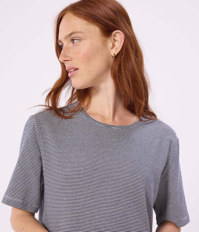 Camicia da notte a maniche corte in cotone a righe donna blu SMOKING/bianco MARSHMALLOW