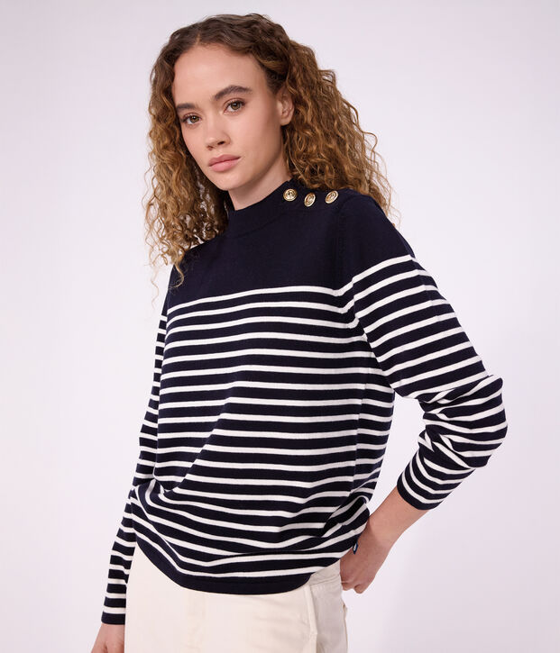 Pullover dallo spirito marinaro in misto lana e cotone a righe donna blu/bianco